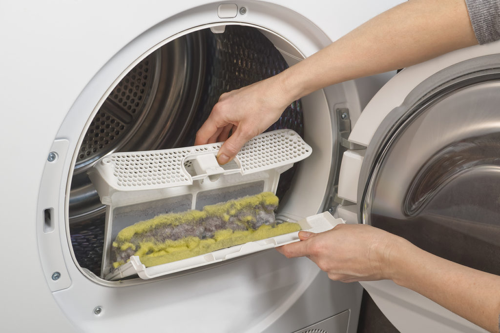 Dust and hairs in reservoir , fluffy trap of the drying machine or tumble dryer