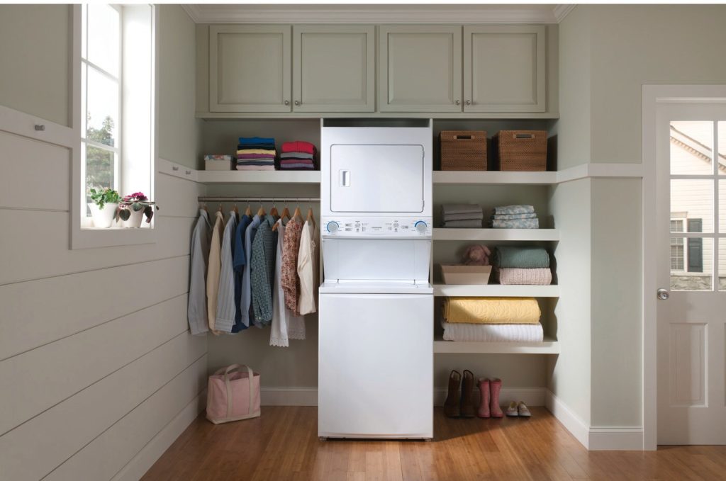 The Frigidaire stacked washer/dryer fits into small nooks to maximize space