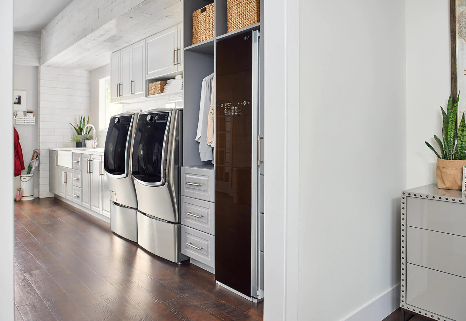 An LG washer and dryer together in a laundry room